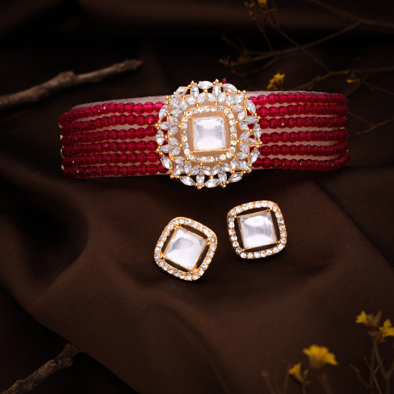 Tehzeeb Creations Brass Gold-Polished Gold, Red, White Jewel Set   | Grocsy