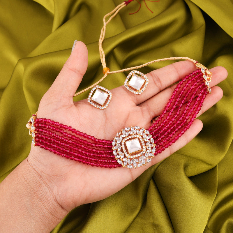 Tehzeeb Creations Brass Gold-Polished Gold, Red, White Jewel Set   | Grocsy