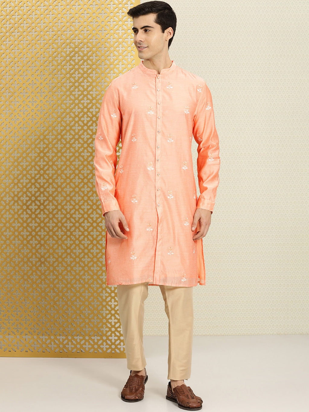 House of Pataudi Men Peach-Coloured Floral Embroidered A-Line Kurta | Grocsy