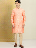 House of Pataudi Men Peach-Coloured Floral Embroidered A-Line Kurta | Grocsy