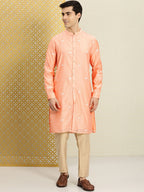 House of Pataudi Men Peach-Coloured Floral Embroidered A-Line Kurta | Grocsy