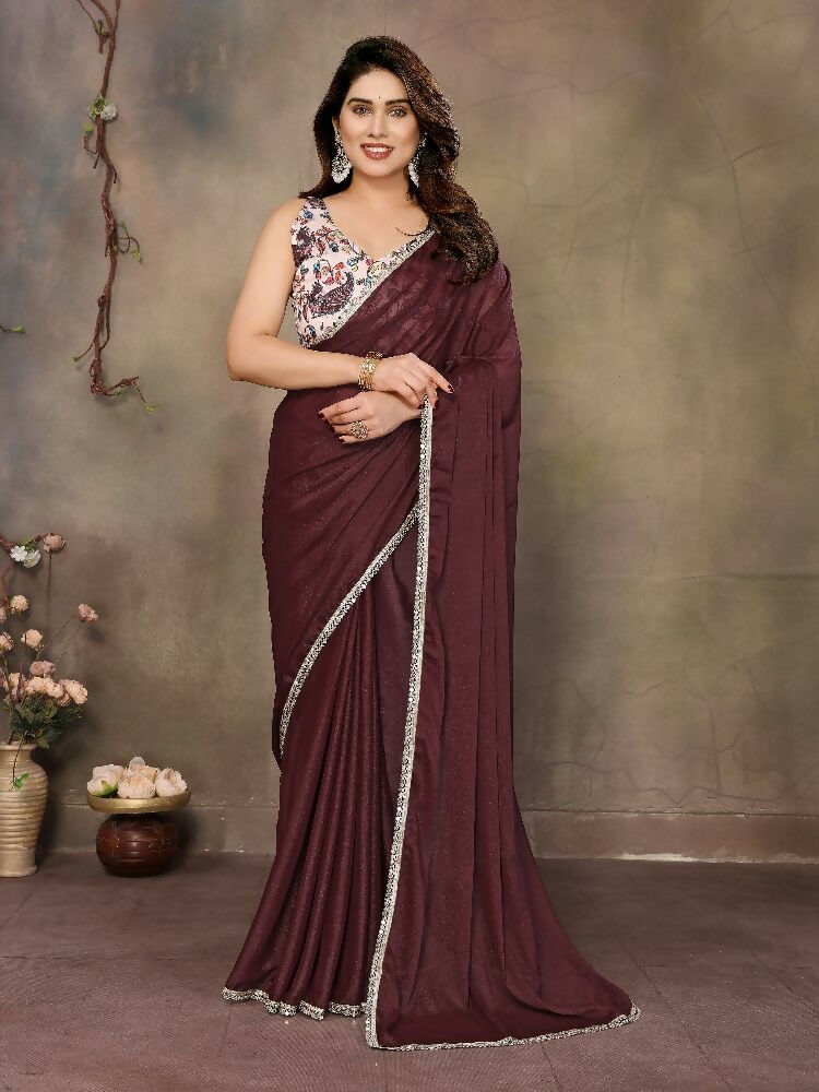 PR Fashion Brown Star Georgette Solid Georgette With Mirror Border Saree | Grocsy