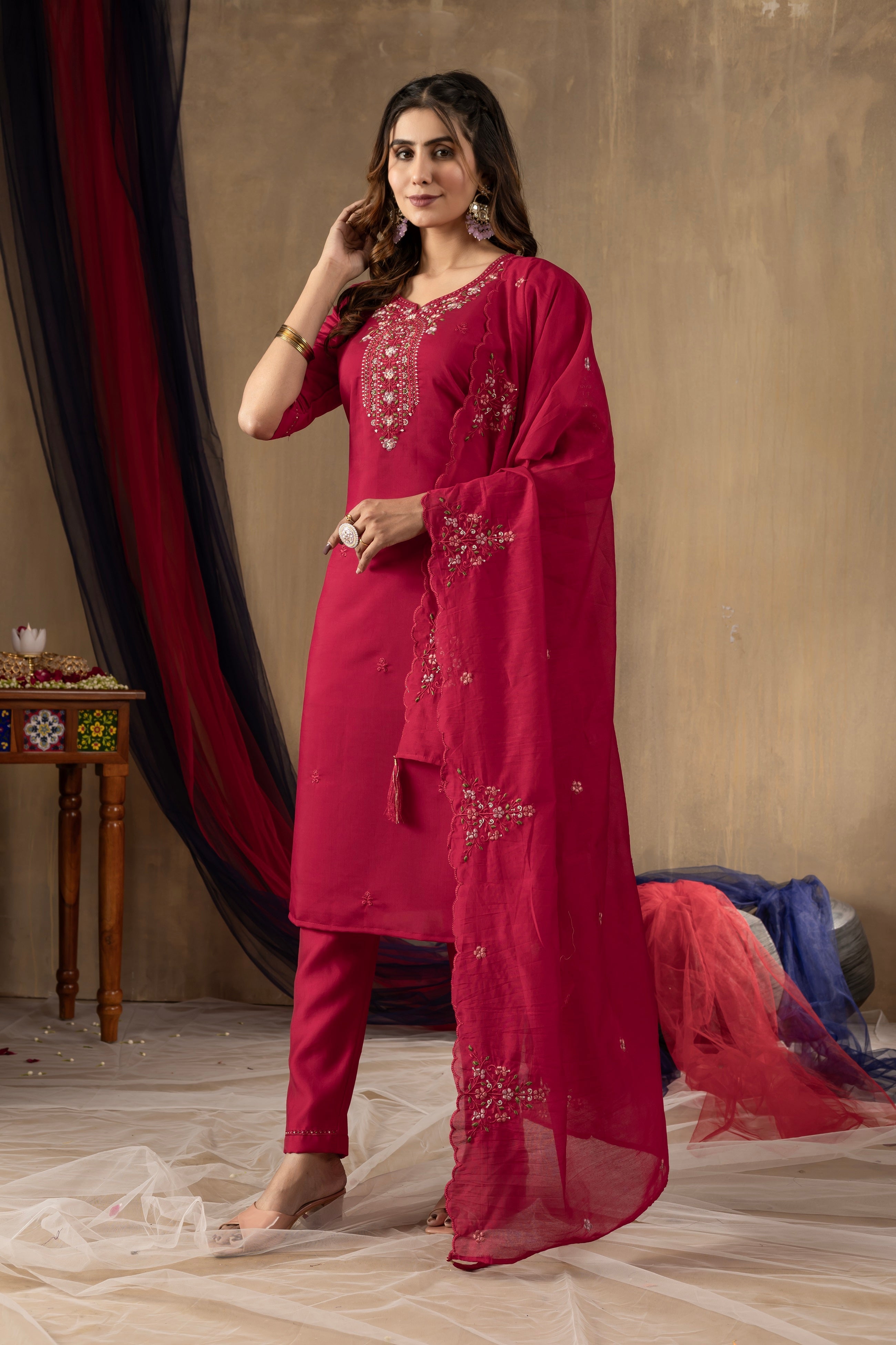 Vedant Vastram Roman Silk Embroidery & Sequence Work Stitched Kurta Pant Dupatta Set-Rani Pink | Grocsy
