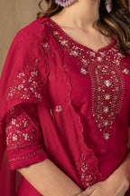 Vedant Vastram Roman Silk Embroidery & Sequence Work Stitched Kurta Pant Dupatta Set-Rani Pink | Grocsy