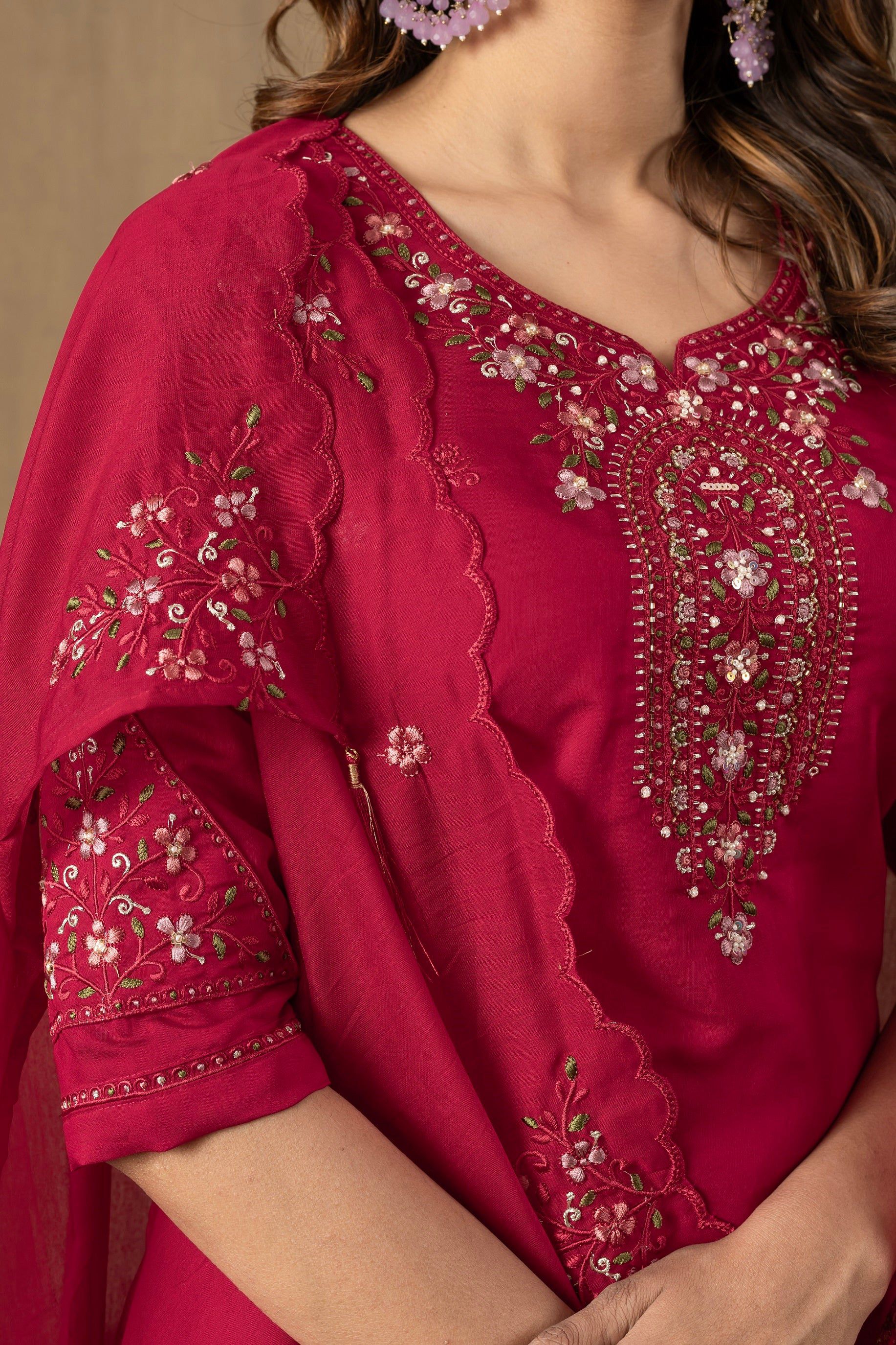 Vedant Vastram Roman Silk Embroidery & Sequence Work Stitched Kurta Pant Dupatta Set-Rani Pink | Grocsy