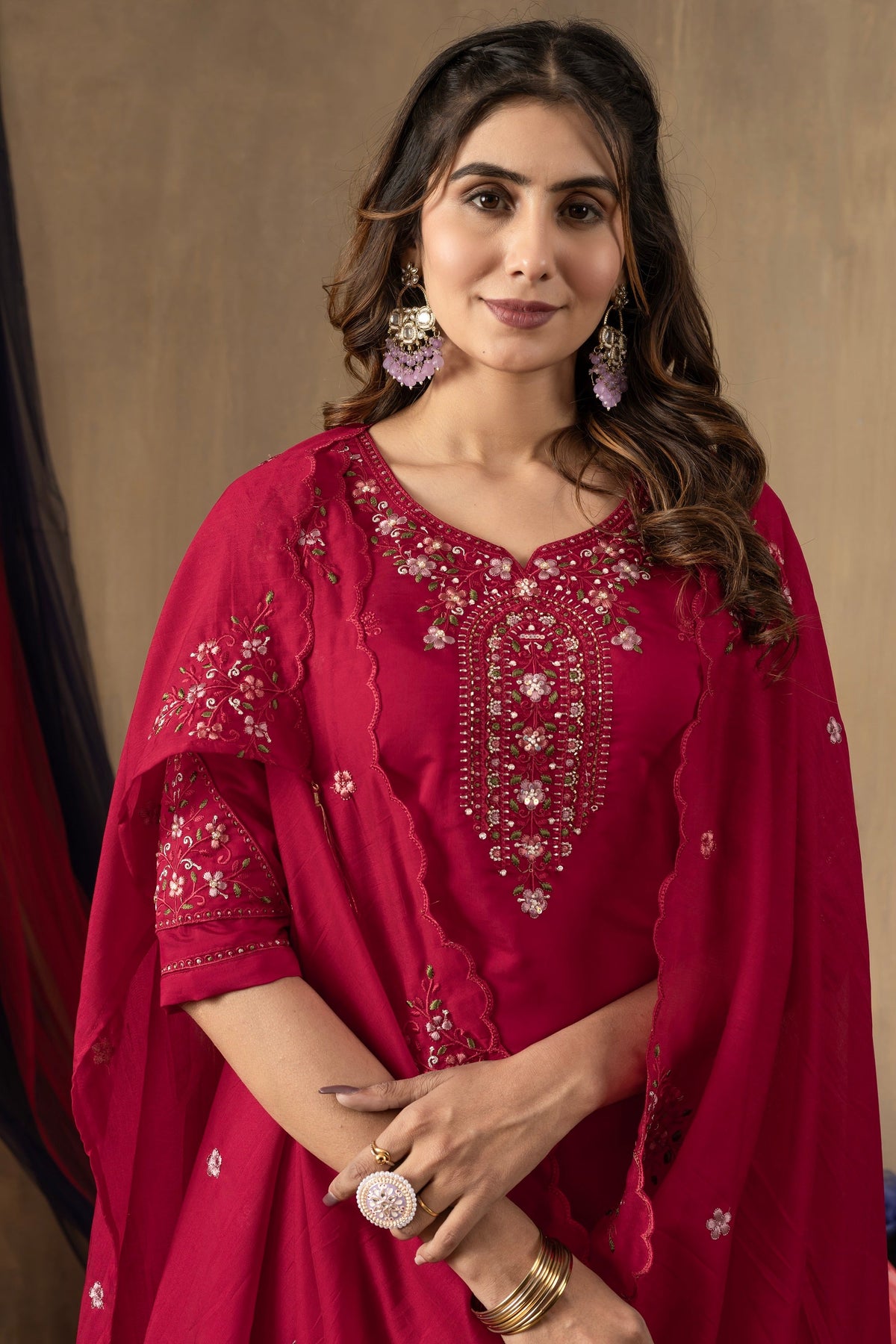Vedant Vastram Roman Silk Embroidery & Sequence Work Stitched Kurta Pant Dupatta Set-Rani Pink | Grocsy