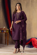 Vedant Vastram Roman Silk Embroidery & Sequence Work Stitched Kurta Pant Dupatta Set-Wine | Grocsy