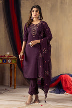 Vedant Vastram Roman Silk Embroidery & Sequence Work Stitched Kurta Pant Dupatta Set-Wine | Grocsy
