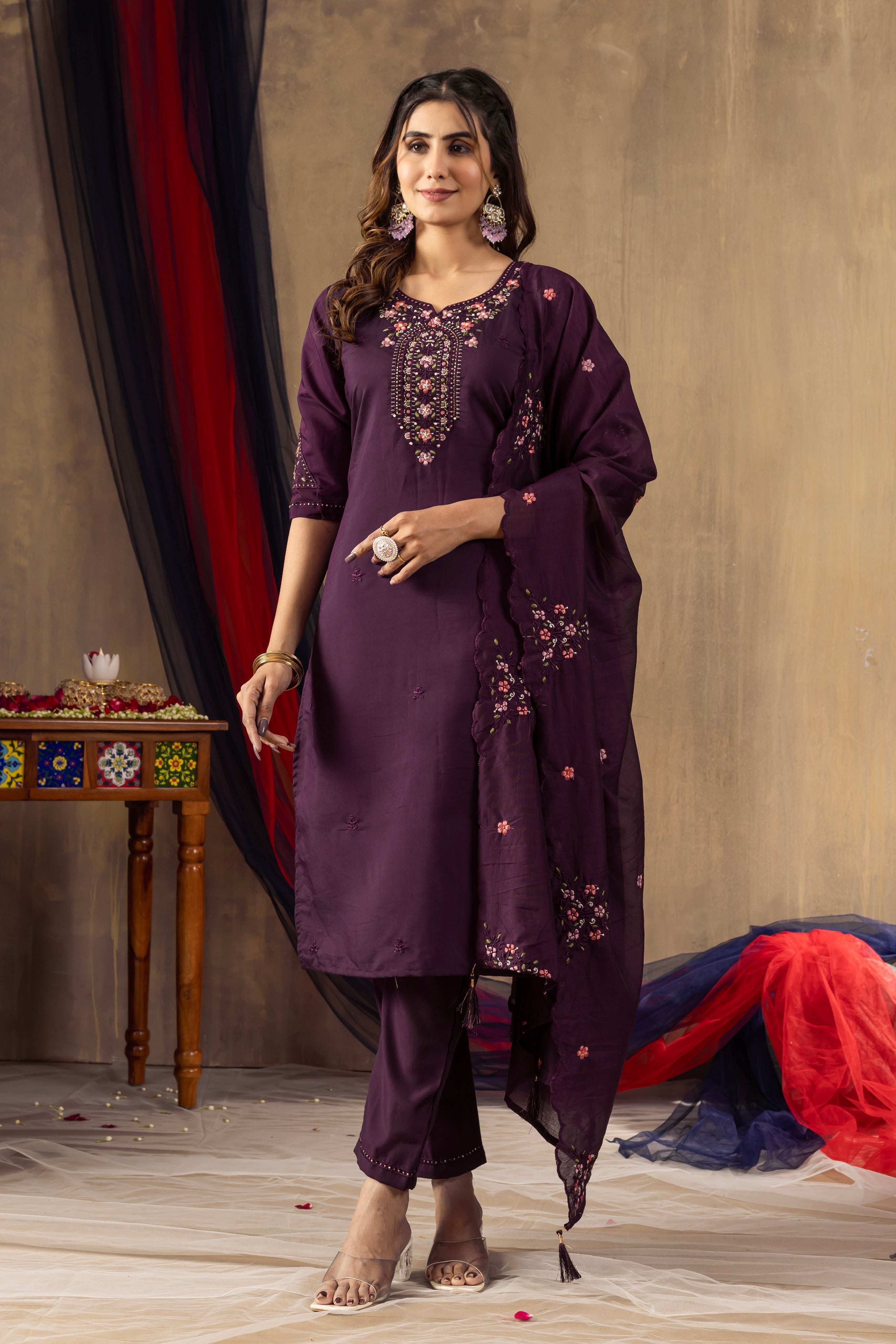 Vedant Vastram Roman Silk Embroidery & Sequence Work Stitched Kurta Pant Dupatta Set-Wine | Grocsy