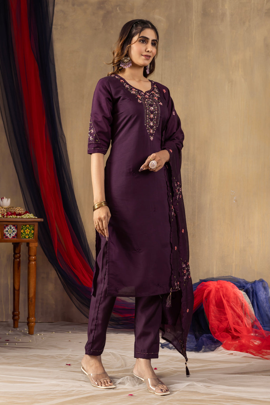 Vedant Vastram Roman Silk Embroidery & Sequence Work Stitched Kurta Pant Dupatta Set-Wine | Grocsy