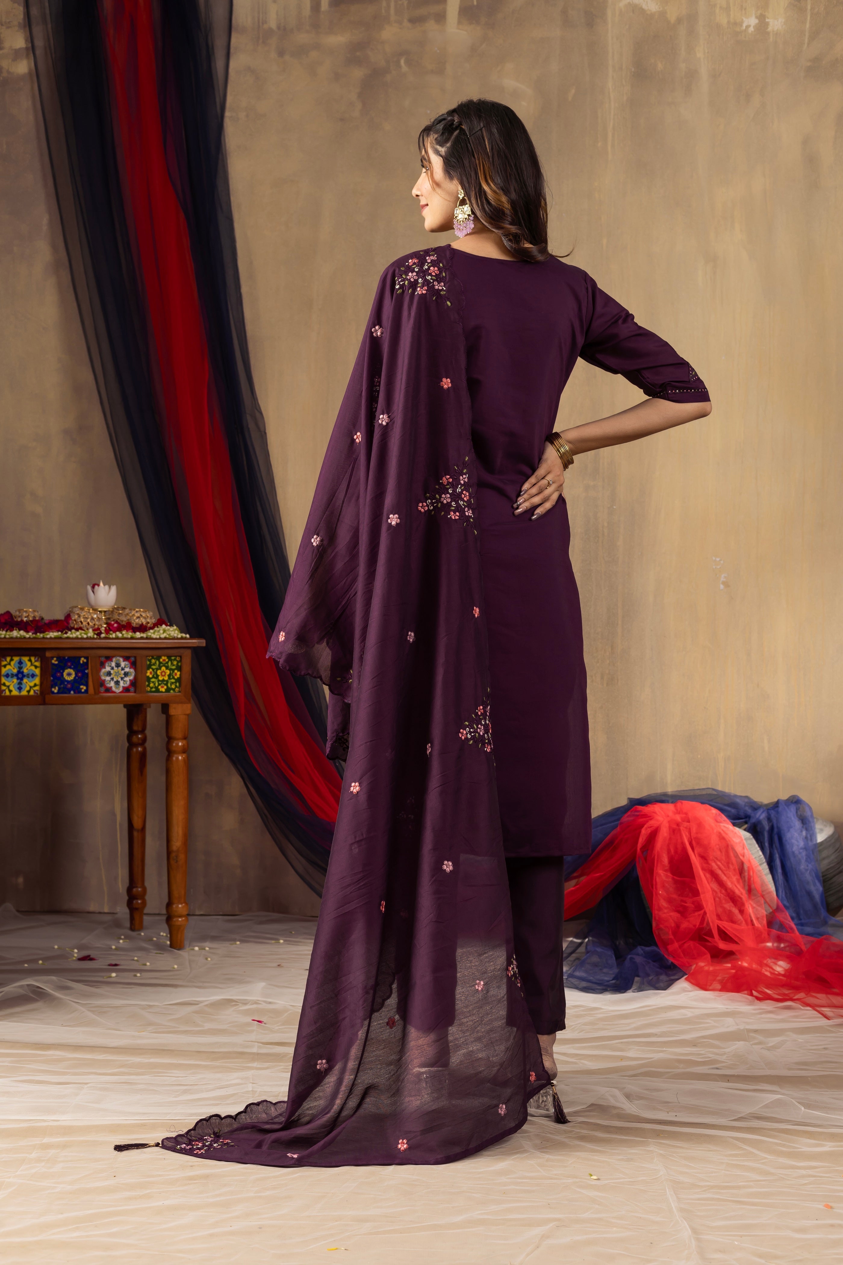 Vedant Vastram Roman Silk Embroidery & Sequence Work Stitched Kurta Pant Dupatta Set-Wine | Grocsy