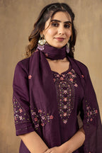 Vedant Vastram Roman Silk Embroidery & Sequence Work Stitched Kurta Pant Dupatta Set-Wine | Grocsy