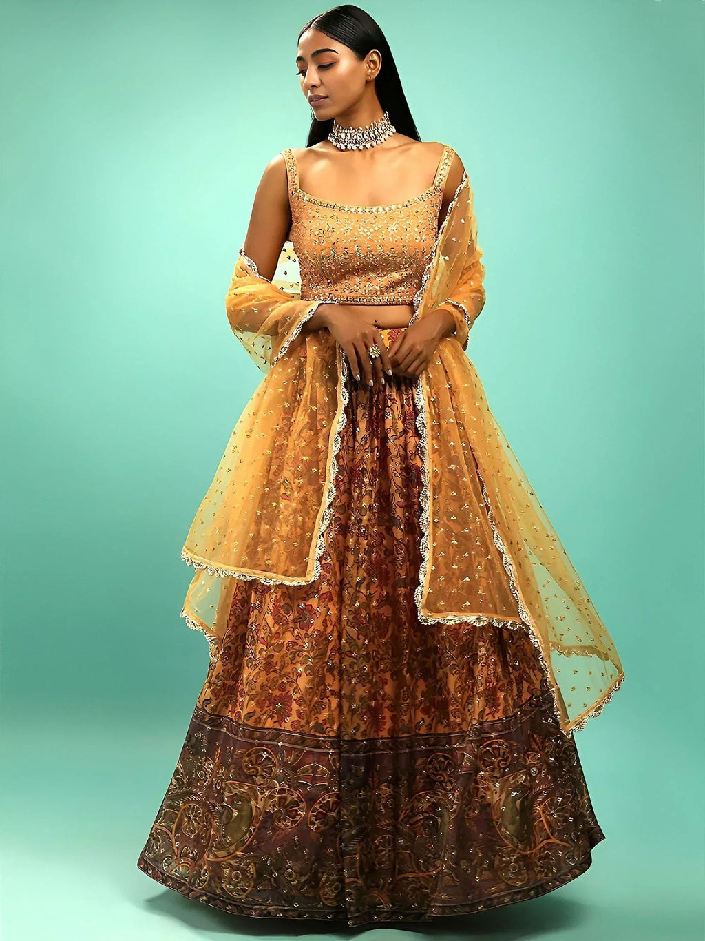 Tulsi Art Awesome Yellow Chinon Digital Print Designer Reception Wear Lehenga | Grocsy