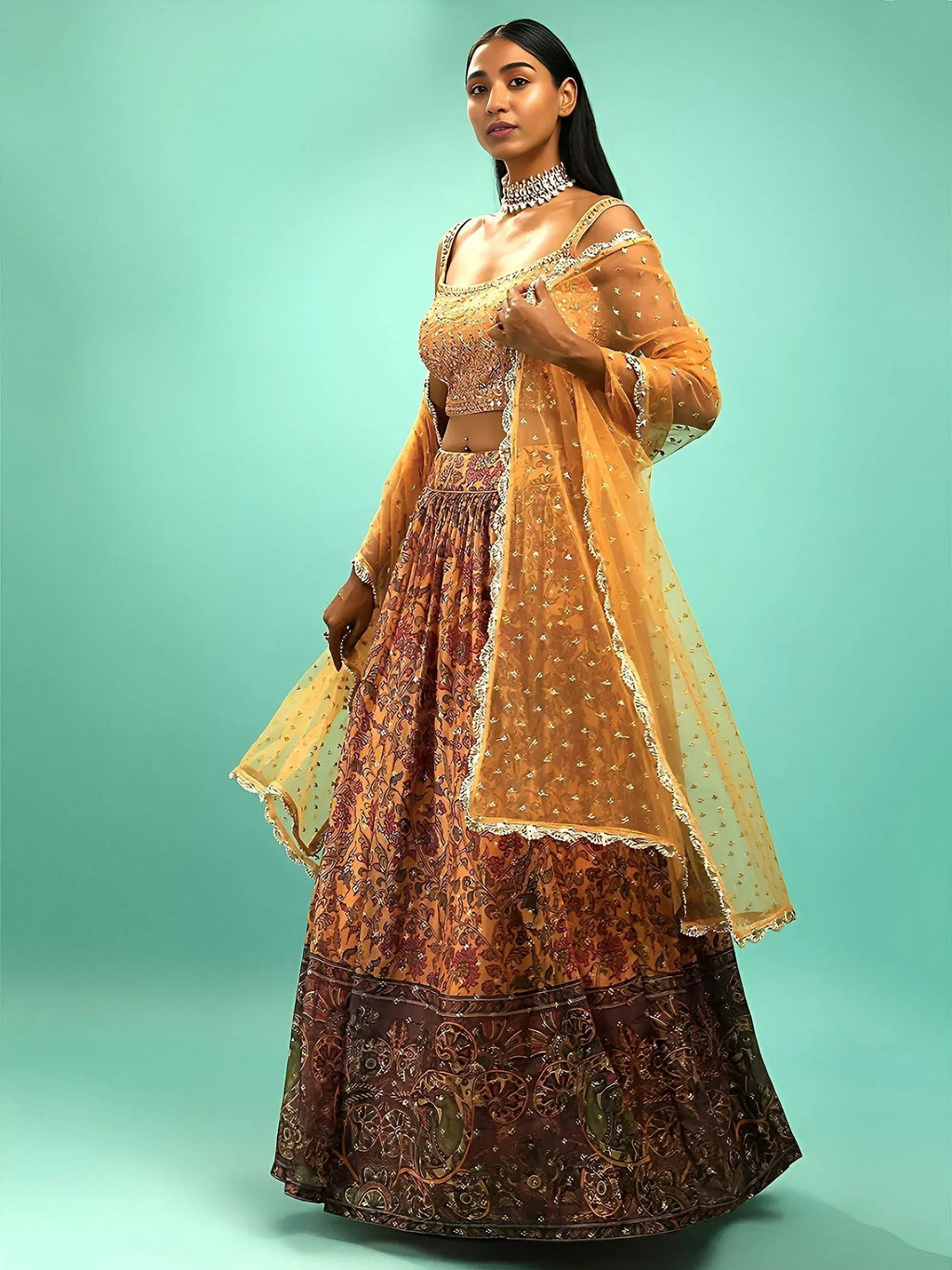 Tulsi Art Awesome Yellow Chinon Digital Print Designer Reception Wear Lehenga | Grocsy
