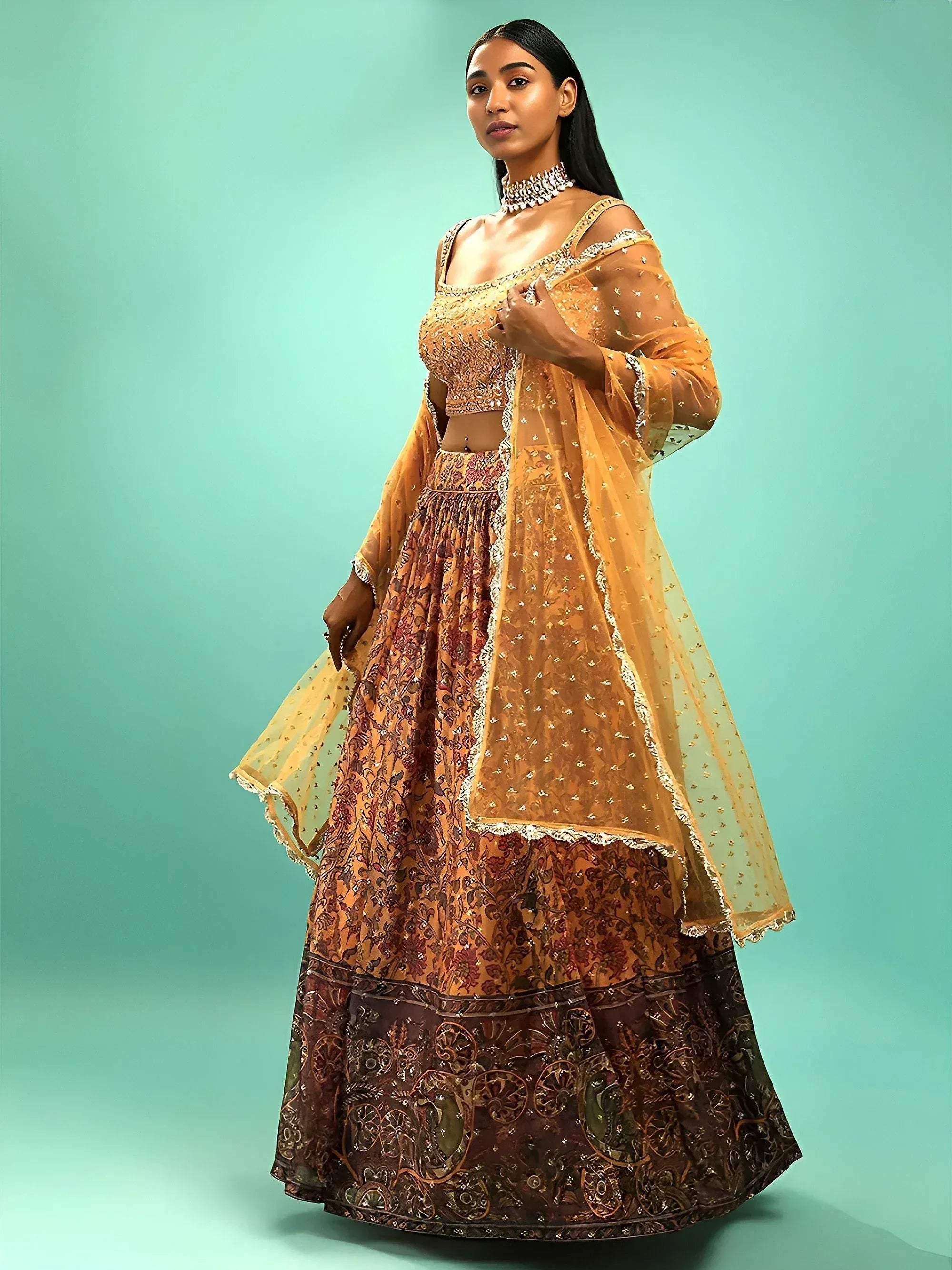Tulsi Art Awesome Yellow Chinon Digital Print Designer Reception Wear Lehenga | Grocsy