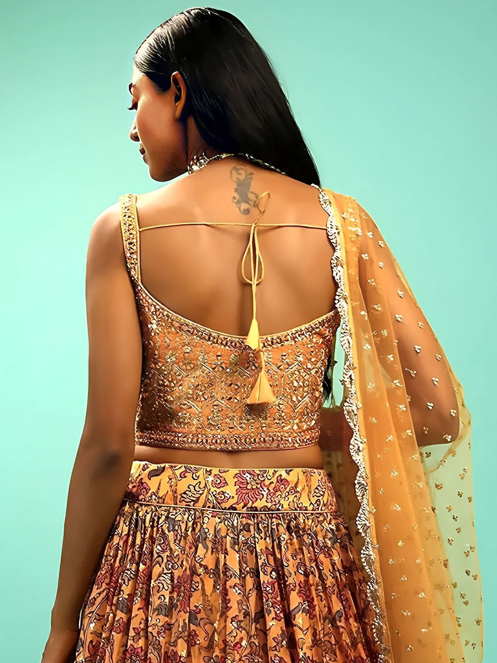 Tulsi Art Awesome Yellow Chinon Digital Print Designer Reception Wear Lehenga | Grocsy