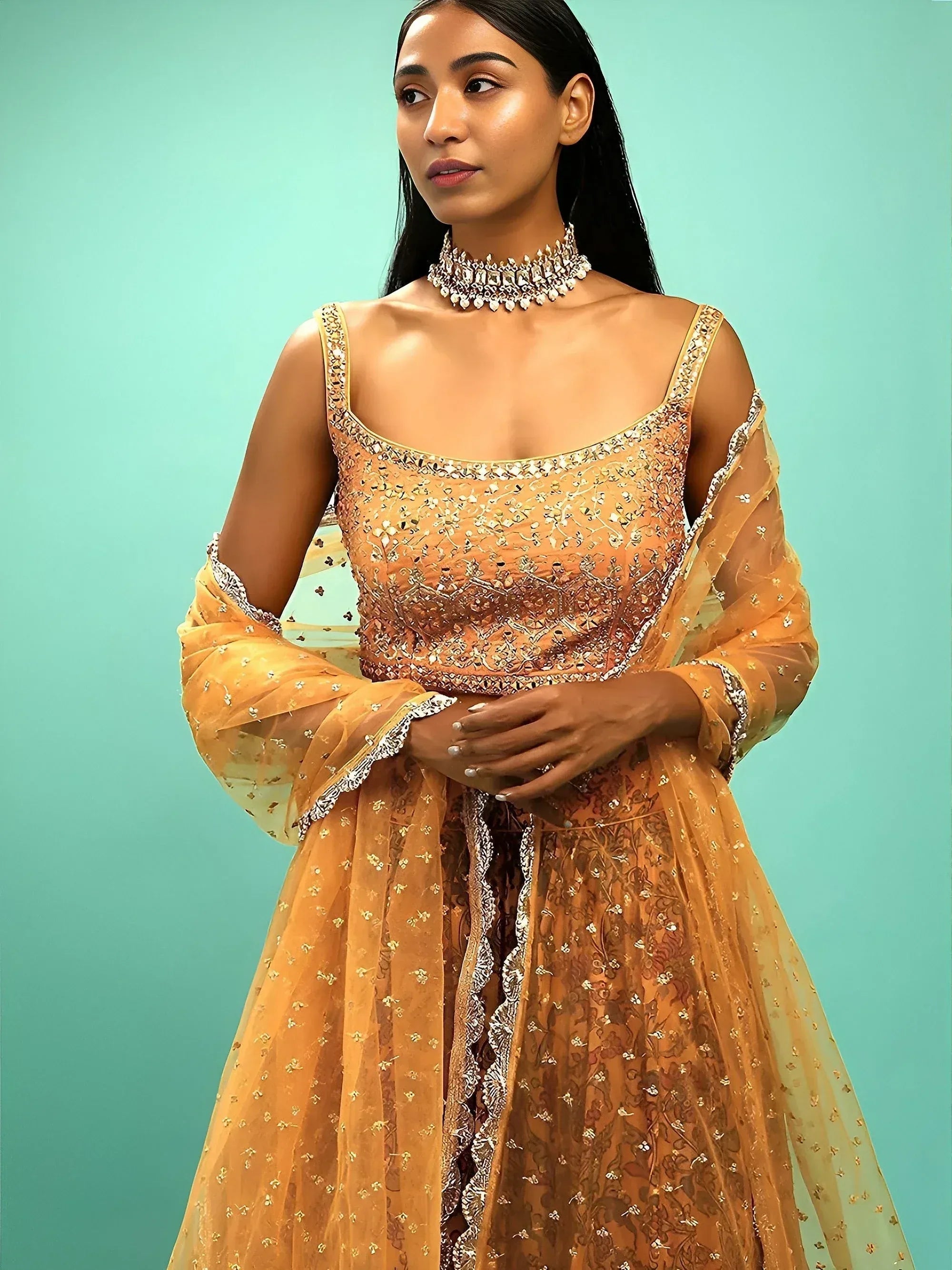 Tulsi Art Awesome Yellow Chinon Digital Print Designer Reception Wear Lehenga | Grocsy
