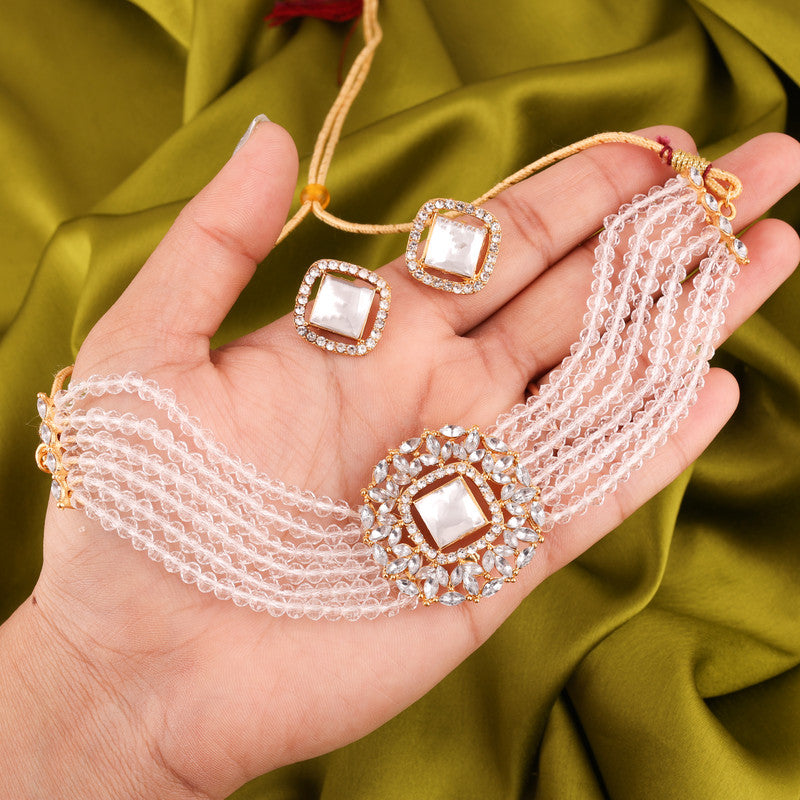 Tehzeeb Creations Brass Gold-Polished Gold, White, White Jewel Set   | Grocsy