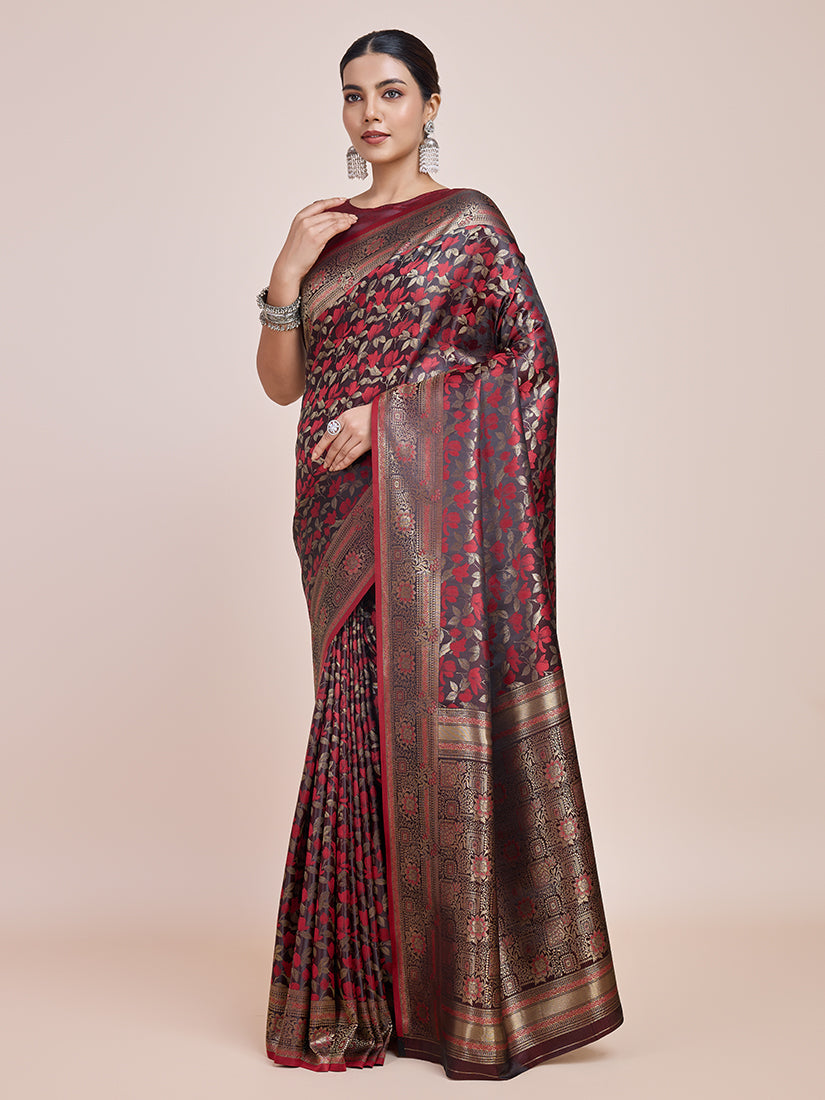 Monjolika Fashion Banarasi Satin Silk Maroon Weaving Designer Saree | Grocsy