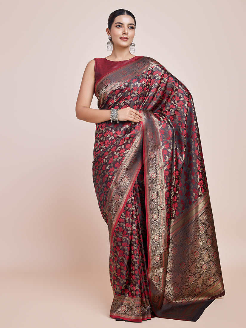 Monjolika Fashion Banarasi Satin Silk Maroon Weaving Designer Saree | Grocsy
