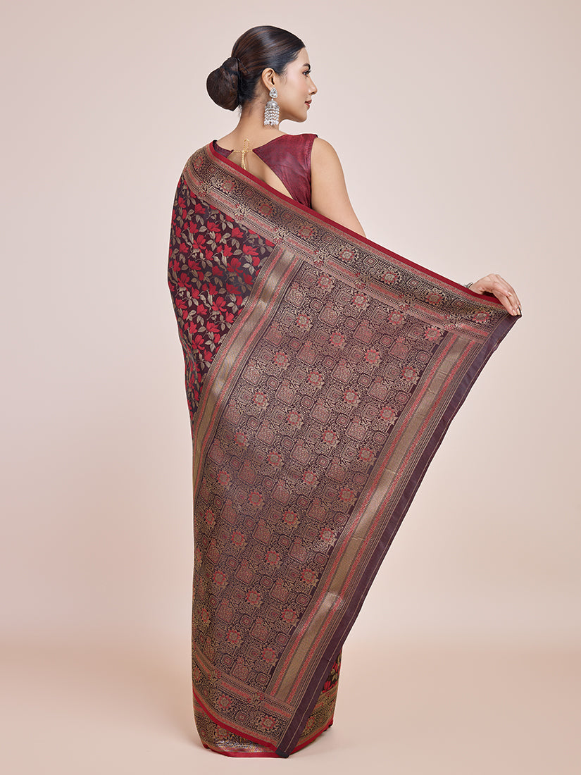 Monjolika Fashion Banarasi Satin Silk Maroon Weaving Designer Saree | Grocsy