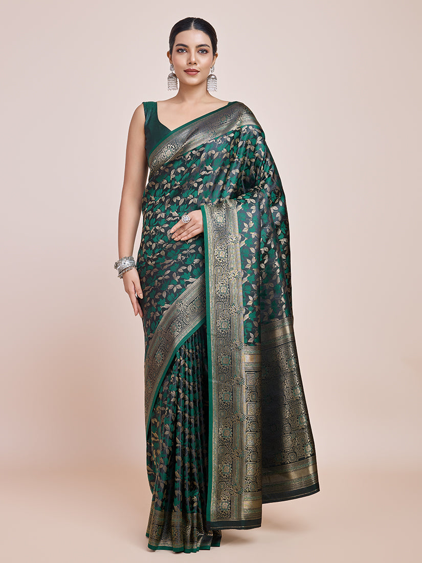 Monjolika Fashion Banarasi Satin Silk Dark Green Weaving Designer Saree | Grocsy