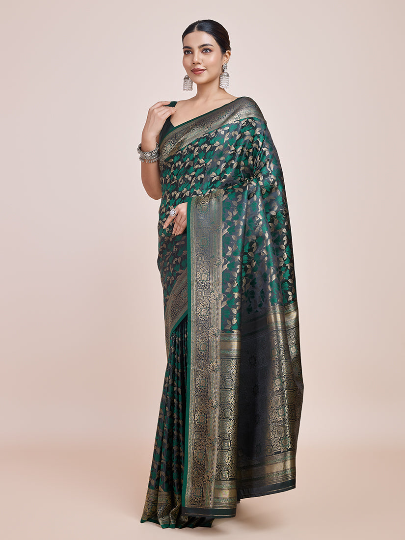 Monjolika Fashion Banarasi Satin Silk Dark Green Weaving Designer Saree | Grocsy