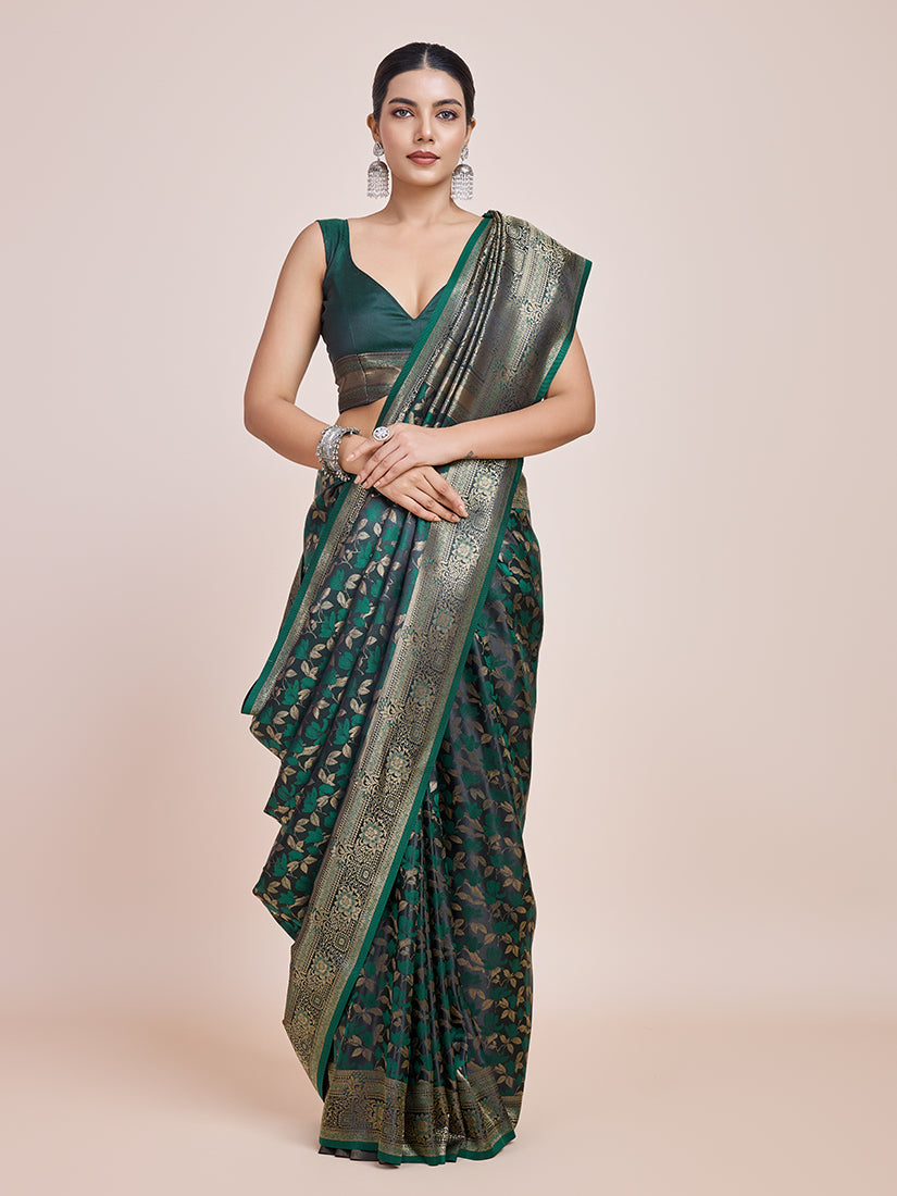 Monjolika Fashion Banarasi Satin Silk Dark Green Weaving Designer Saree | Grocsy