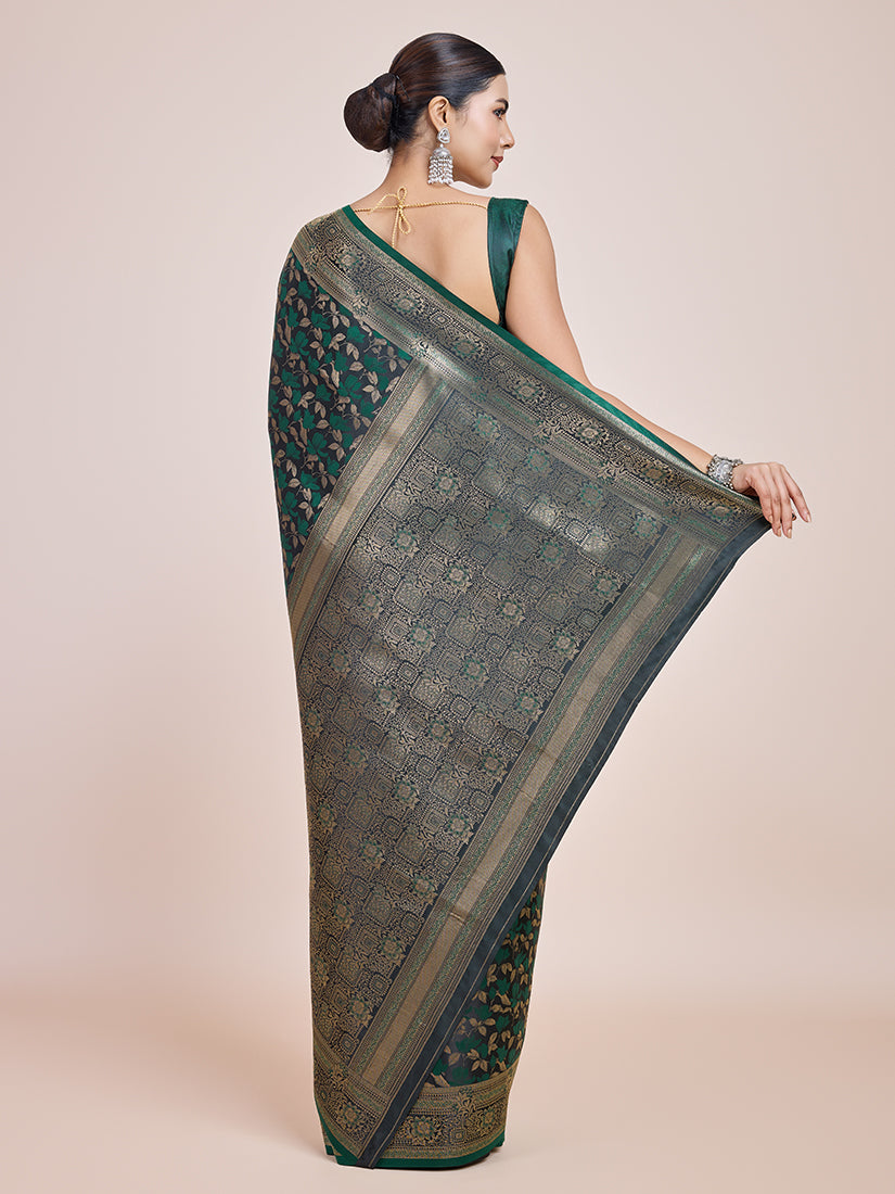 Monjolika Fashion Banarasi Satin Silk Dark Green Weaving Designer Saree | Grocsy