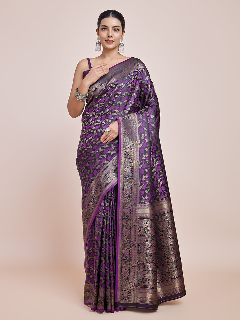 Monjolika Fashion Banarasi Satin Silk Dark Purple Weaving Designer Saree | Grocsy