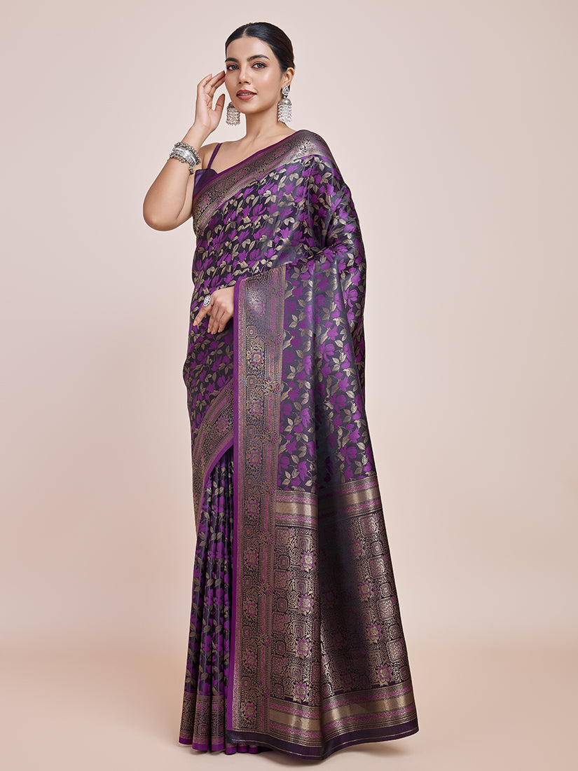 Monjolika Fashion Banarasi Satin Silk Dark Purple Weaving Designer Saree | Grocsy