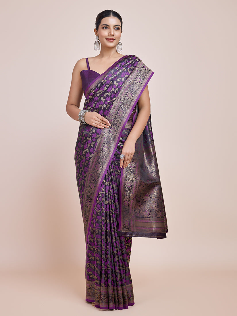 Monjolika Fashion Banarasi Satin Silk Dark Purple Weaving Designer Saree | Grocsy