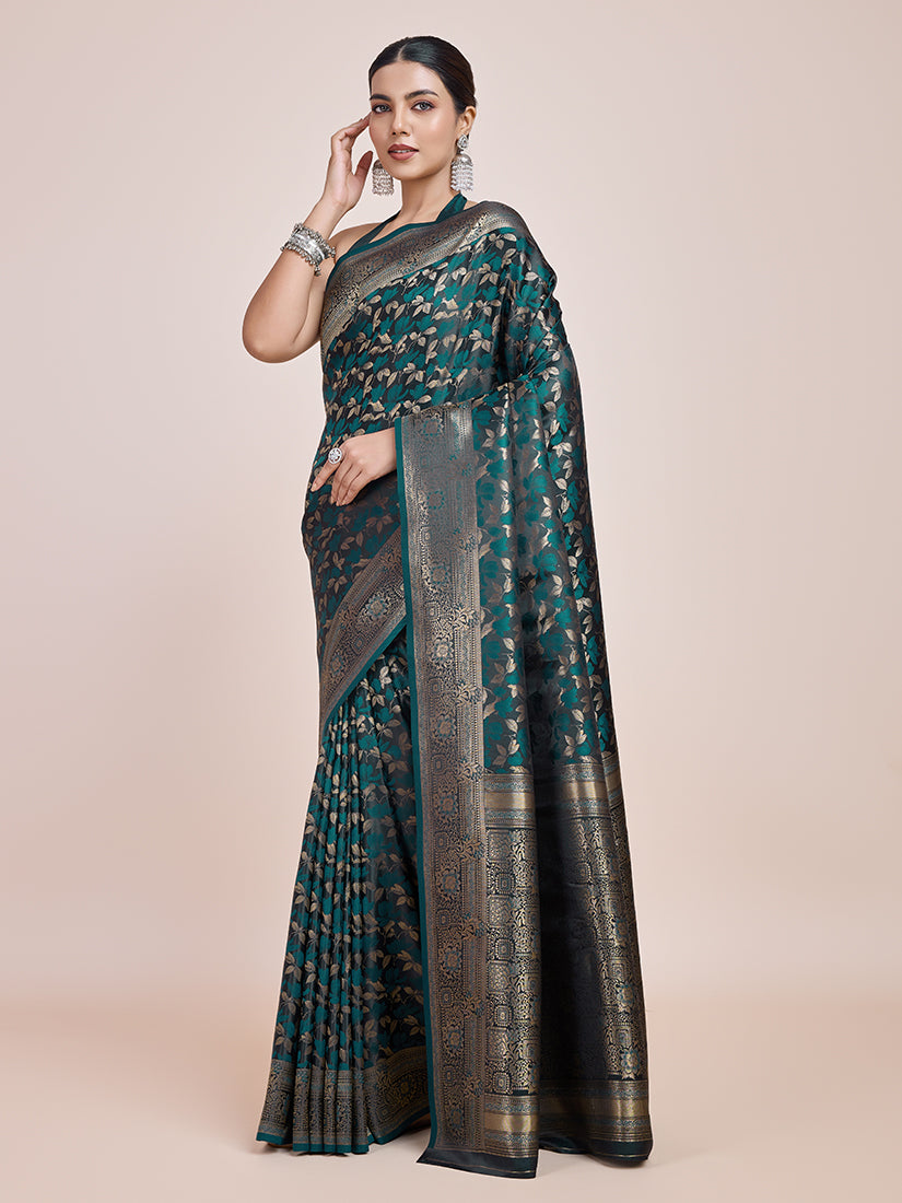 Monjolika Fashion Banarasi Satin Silk Dark Teal Weaving Designer Saree | Grocsy