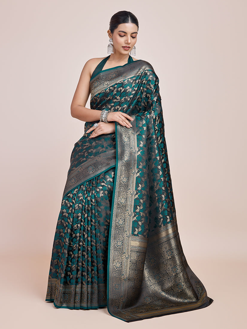 Monjolika Fashion Banarasi Satin Silk Dark Teal Weaving Designer Saree | Grocsy