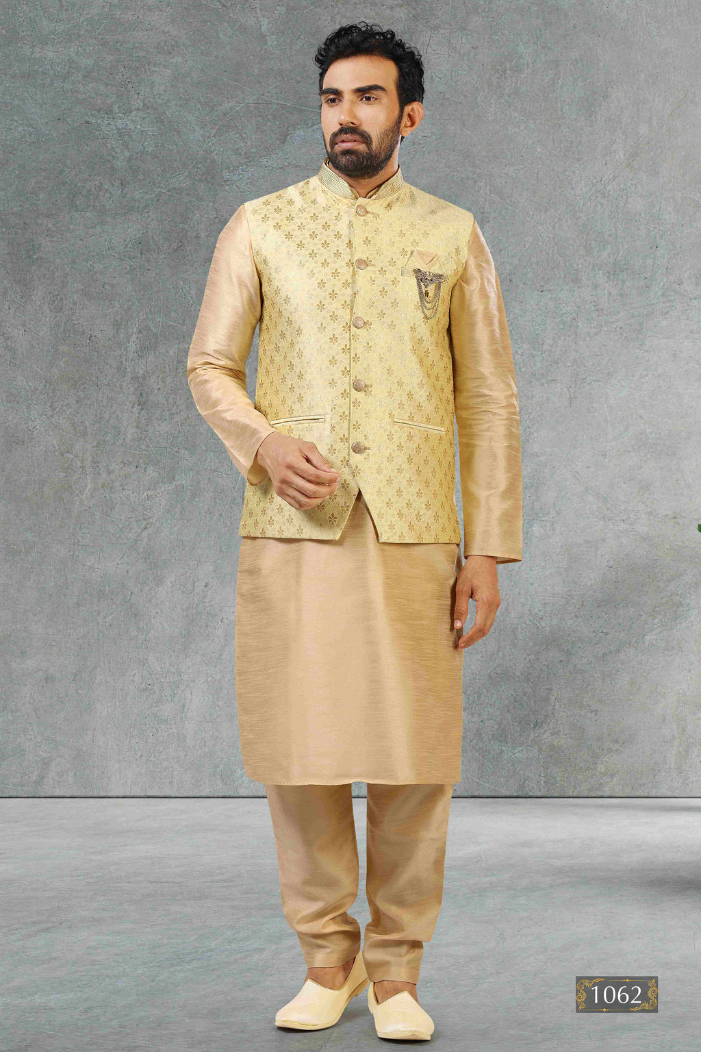 Raivat Ethnic Jacquard Banarasi Silk Woven Work 3 Pics Jacket Set In Gold Colour | Grocsy