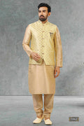 Raivat Ethnic Jacquard Banarasi Silk Woven Work 3 Pics Jacket Set In Gold Colour | Grocsy
