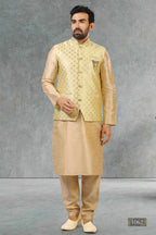 Raivat Ethnic Jacquard Banarasi Silk Woven Work 3 Pics Jacket Set In Gold Colour | Grocsy