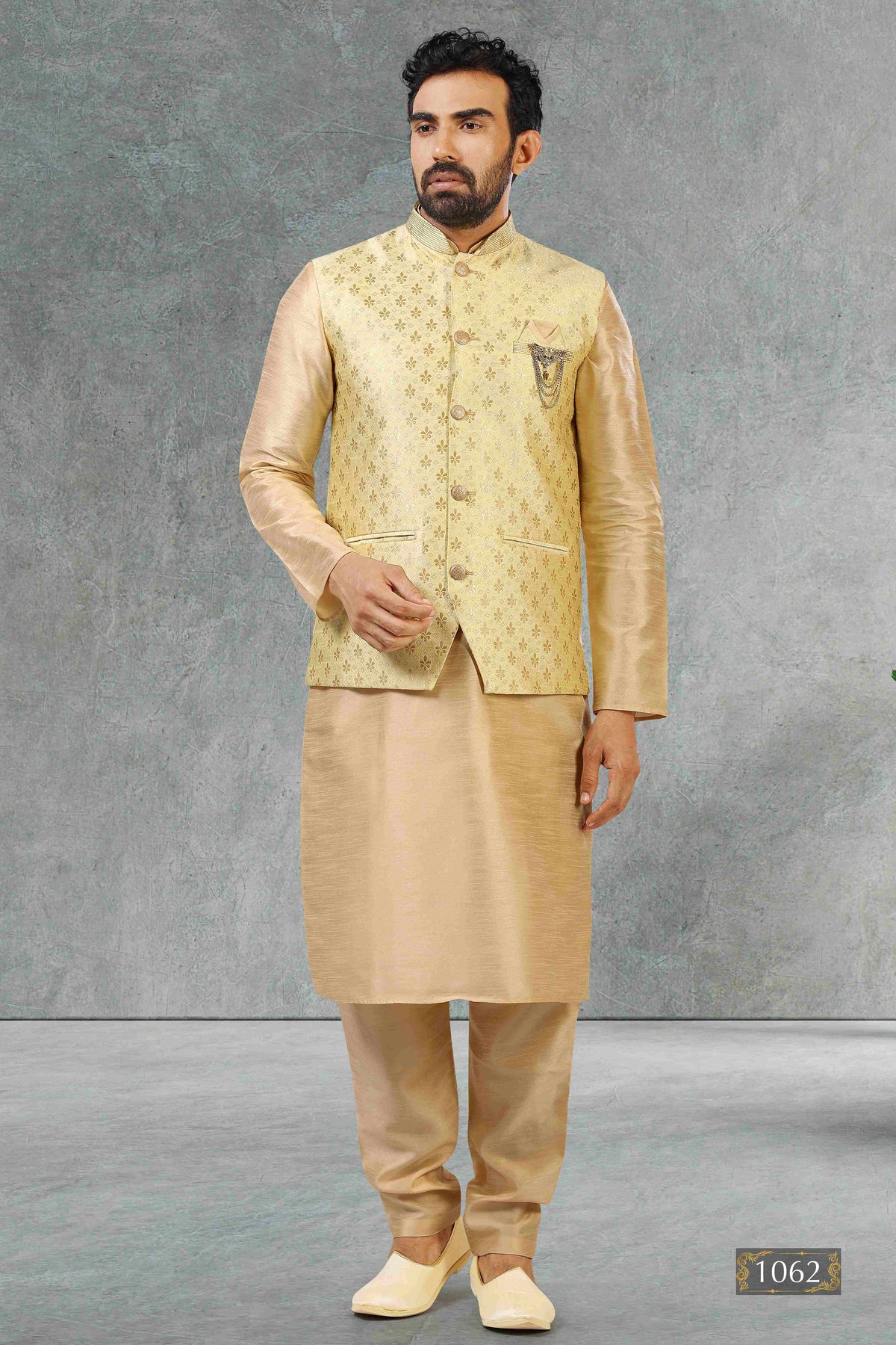 Raivat Ethnic Jacquard Banarasi Silk Woven Work 3 Pics Jacket Set In Gold Colour | Grocsy