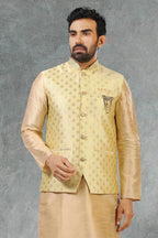 Raivat Ethnic Jacquard Banarasi Silk Woven Work 3 Pics Jacket Set In Gold Colour | Grocsy