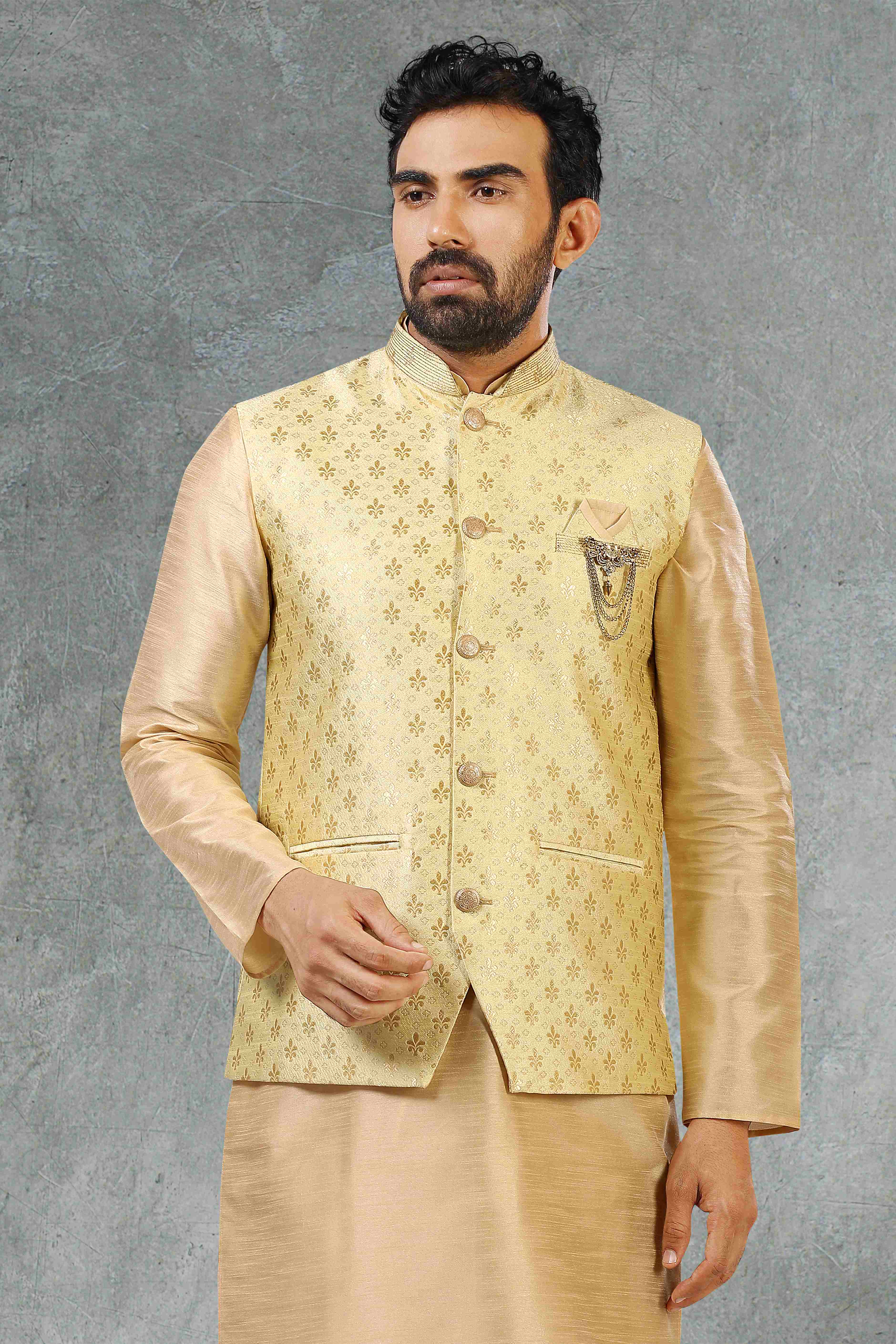 Raivat Ethnic Jacquard Banarasi Silk Woven Work 3 Pics Jacket Set In Gold Colour | Grocsy