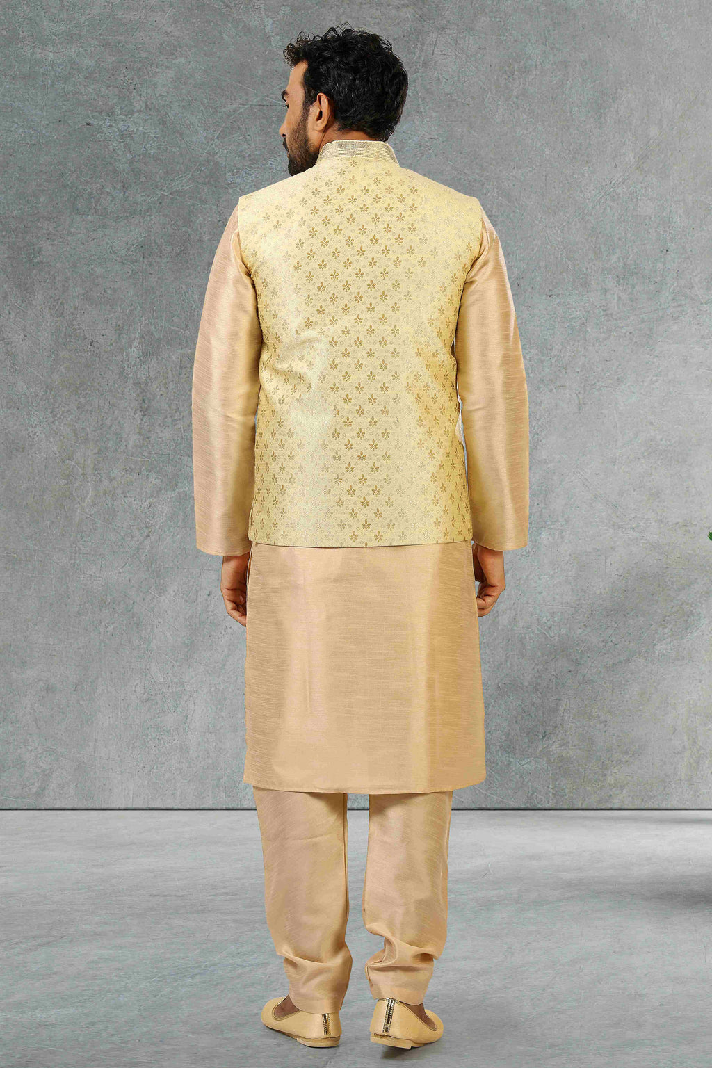 Raivat Ethnic Jacquard Banarasi Silk Woven Work 3 Pics Jacket Set In Gold Colour | Grocsy