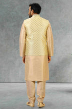 Raivat Ethnic Jacquard Banarasi Silk Woven Work 3 Pics Jacket Set In Gold Colour | Grocsy