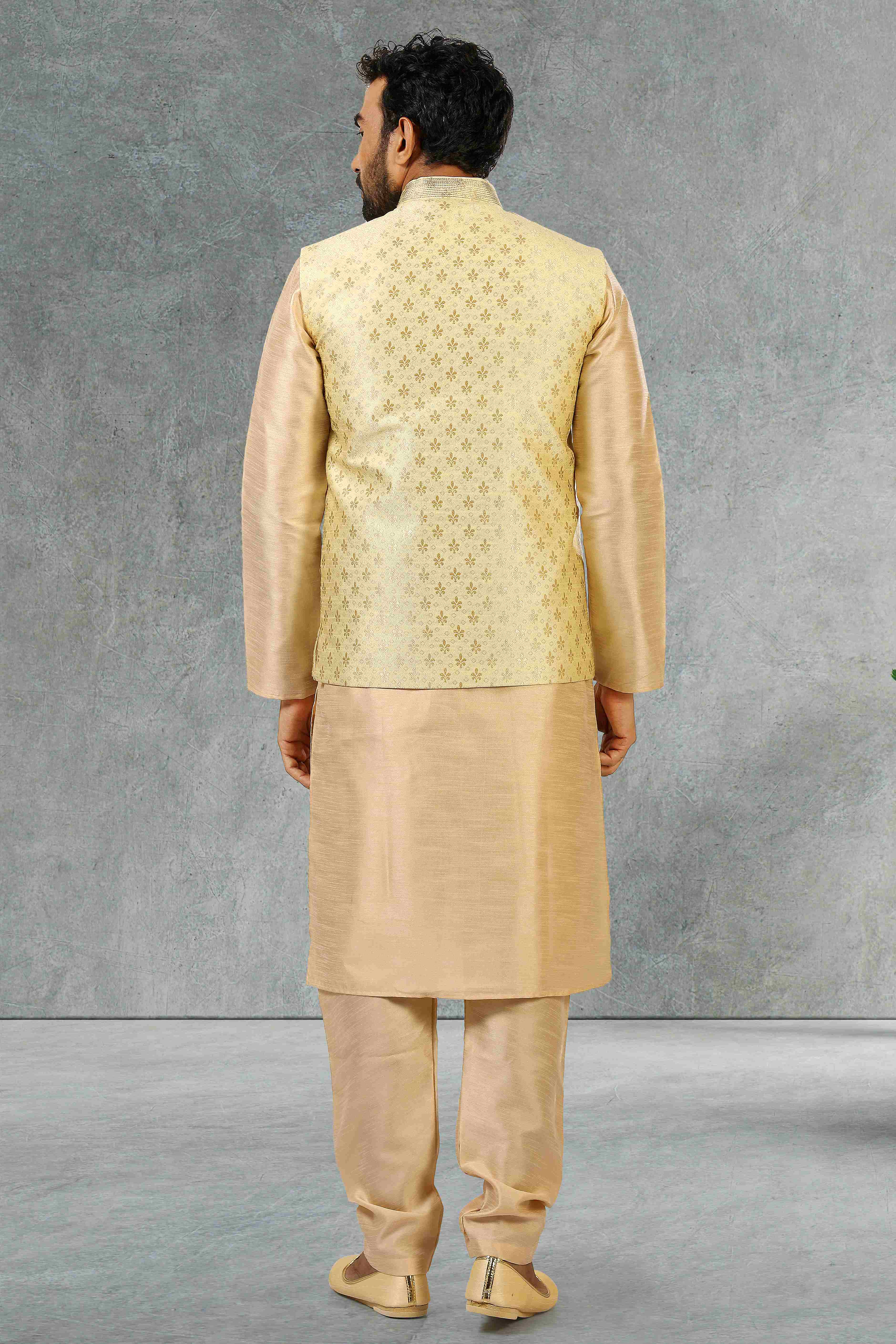 Raivat Ethnic Jacquard Banarasi Silk Woven Work 3 Pics Jacket Set In Gold Colour | Grocsy