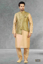 Raivat Ethnic Jacquard Banarasi Silk Woven Work 3 Pics Jacket Set In Light Green Colour | Grocsy