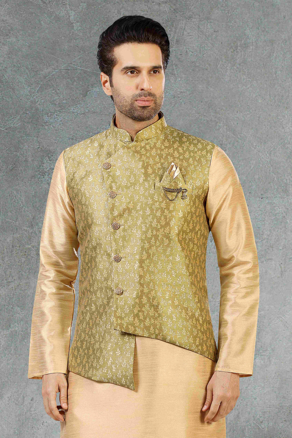 Raivat Ethnic Jacquard Banarasi Silk Woven Work 3 Pics Jacket Set In Light Green Colour | Grocsy