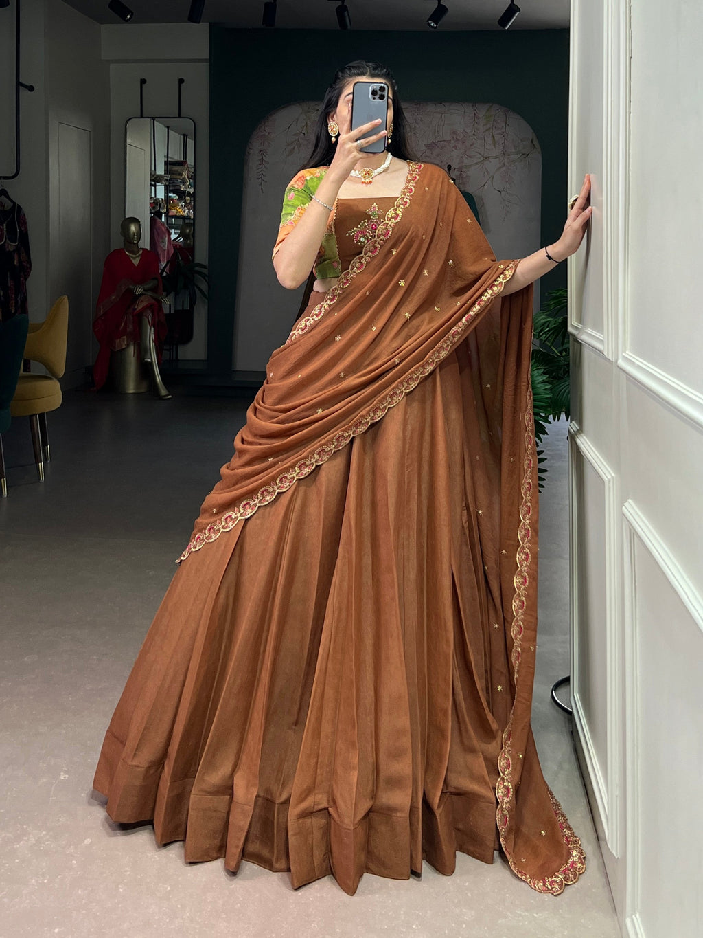 Lorenvalley Fashion Brown Crushed Silk Plain Lehenga Choli with Dupatta | Grocsy