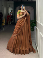 Lorenvalley Fashion Brown Crushed Silk Plain Lehenga Choli with Dupatta | Grocsy