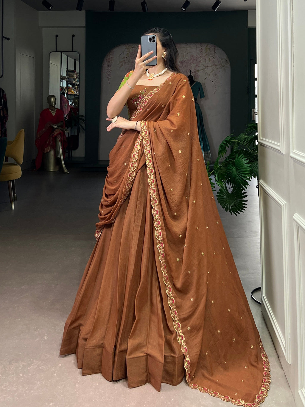 Lorenvalley Fashion Brown Crushed Silk Plain Lehenga Choli with Dupatta | Grocsy