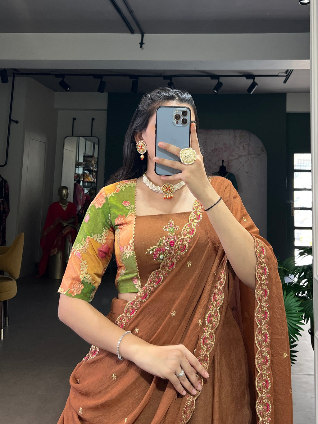 Lorenvalley Fashion Brown Crushed Silk Plain Lehenga Choli with Dupatta | Grocsy