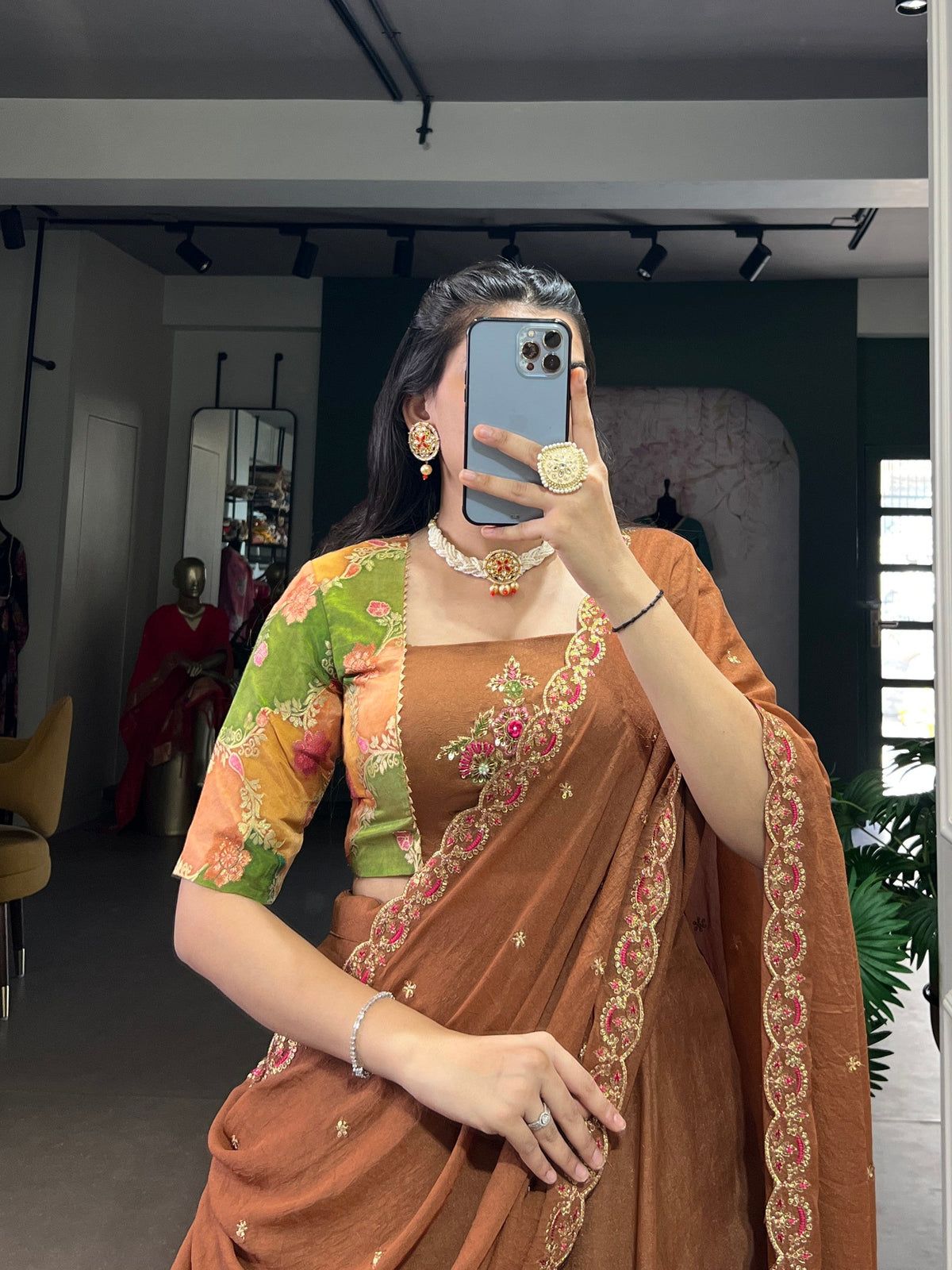 Lorenvalley Fashion Brown Crushed Silk Plain Lehenga Choli with Dupatta | Grocsy